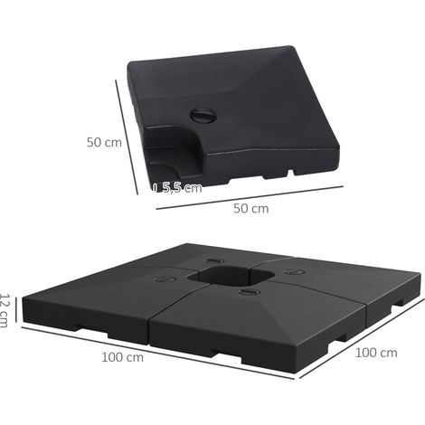 Outsunny 4 x Peso para sombrilla Base para sombrilla rellenable con arena o agua Plástico HDPE Negro Dimensiones por elemento 51 x 51 x 12 cm Hasta 130 kg (1/5)