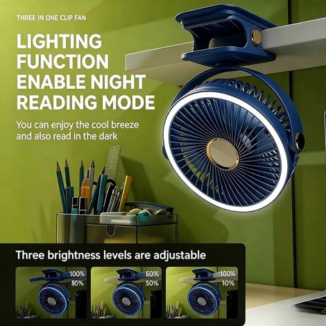 Tragbarer Clip-Ventilator 3-in-1 mit Nachtlicht und Schreibtischlampe, USB-aufladbar, 5 Geschwindigkeitsstufen, 3 Helligkeitsstufen, lange Akkulaufzeit für Reisen, Büro und Outdoor (1/5)
