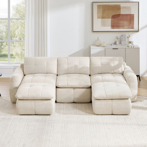 Canapé modulaire sans cadre en U 3 places, housse de chenille en nuage, mousse haute densité 32D, librement combinable, sans montage avec 2 poufs pour les salons et appartements (1/5)