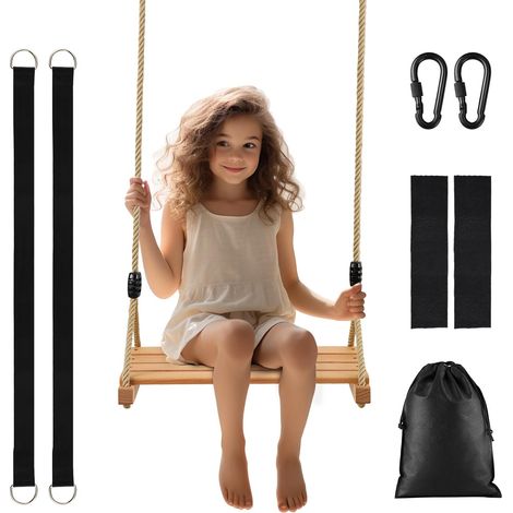 Balançoire Bois Enfant Adulte Siège Arbre avec Accessoire Portique Jardin Extérieur Max Poids 100kg (1/5)
