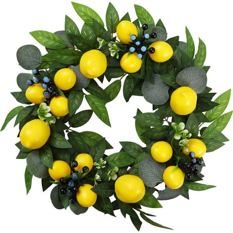 Couronne de citrons artificiels de 45 cm, à suspendre au printemps pour la porte d'entrée, le mur ou la fenêtre, style champêtre. (1/3)