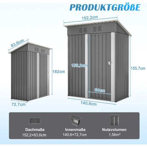 Abri de jardin à toit plat, 152 x 84 x 182 cm, avec porte d'entrée verrouillable, sans fenêtres, surface de rangement de 1,27 m², gris foncé (1/4)