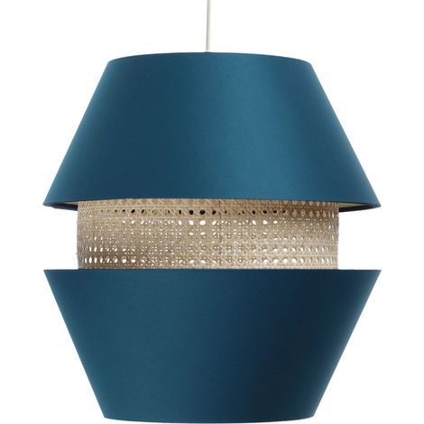 Suspension Extérieur en tissu satiné bleu avec rotin naturel, intérieur crème - Bleu, crème (1/5)