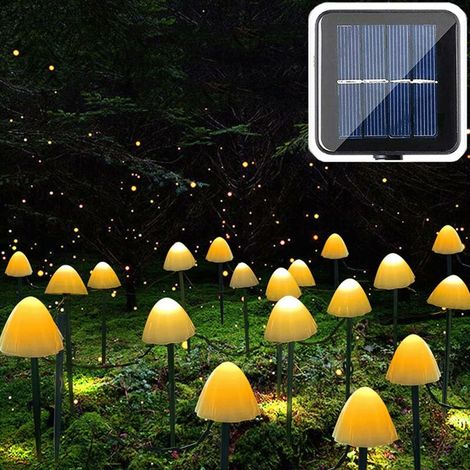Champignon Guirlande Lumineuse Exterieur Solaire 5M, 20 LED Luminaires Solaires Champignon, 8 Modes Étanche Paysage Pathway Patio Stake Lumière Décoration Balcon pour Jardin Cour Noël, Blanc Chaud (1/5)