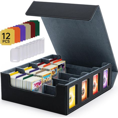 Boite Rangement Carte 3200+, Deck Box 4 Rangées MTG – Noir Cuir PU magnétique, 12 séparateurs, 8 clips, vitrine 4 cartes, Commander, TCG, Yugioh, Pokemon, Lorcana, One Piece, cadeau (1/5)