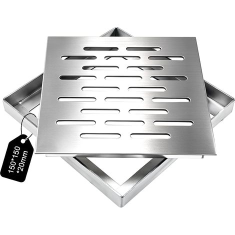 150 x 150 x 20 mm - En acier inoxydable - Avec cadre - Grille de drainage carrée - Couvercle de drainage de sol antidérapant pour l'intérieur et l'extérieur - Salle de bain, jardin, terrasse (1/5)