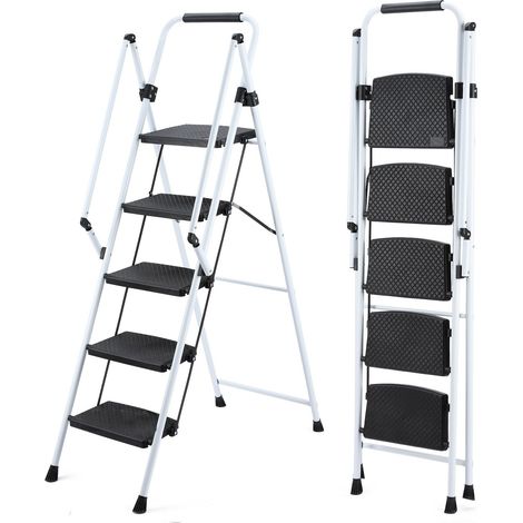 ladder, folding ladder stool, with anti slip wide pedals, steel ladder, with safety anti slip handle, lightweight 330 pound portable steel ladder stool in White 5 steps (1/5)