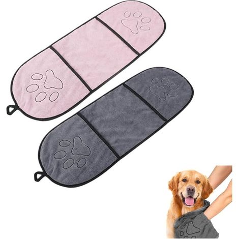 Serviette de bain ultra absorbante pour animaux de compagnie, super absorbante, séchage rapide, serviette avec poche pour chats et chiens (rose + gris) (1/5)