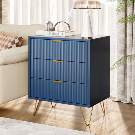 Comò - 3 cassetti - Blu navy e dorato - Facciate scanalate laccate - 60x40x70 cm (1/5)