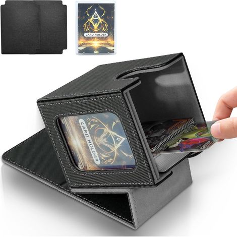 Boîte de jeu de cartes, boîte à cartes TCG, boîte de rangement magnétique en cuir PU pour cartes à collectionner, peut contenir 100 cartes à double pochette, noir et gris (1/5)