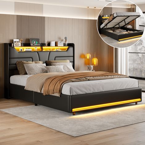 Cama 160x200 con almacenamiento, cama matrimoniales, cama tapizada, estructura de cama,espacio de almacenamiento en la cabecera, tira de luz LED, puerto de carga USB, PU, negro (1/5)