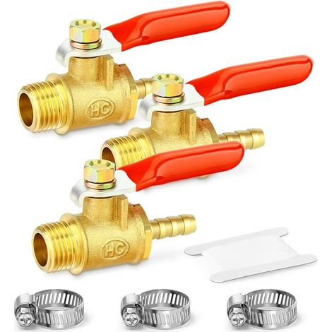 3 PCS Laiton 1/4 Inch Mini Laiton Ball Valve Shut Off Switch, 1/4 Inch MBSP x 6mm Hose Barb Pipe Tubing Fitting with 1PCS Hose Clamps (1/4)