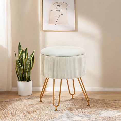 Pouf coloris blanc crème en polyester acier 40 x 40 x 48 cm (1/5)