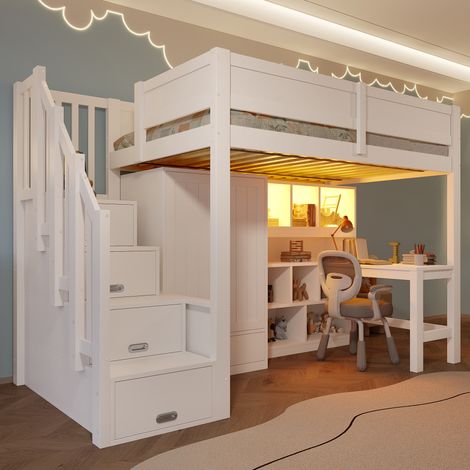 Cama alta 90 x 200 con escritorio, estantería, armario, escalera y LED, blanco DESVIAE (1/5)