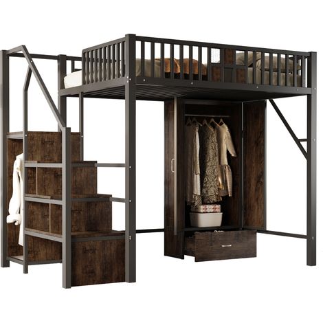 Metall-Hochbett 140 x 200 cm schwarz mit Kleiderschrank, Schubladen und Stauraumtreppe (1/5)