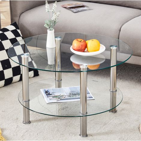 Mesa de centro de cristal de 2 niveles, Ø 70/60 cm, patas metálicas plateadas, transparente (1/5)