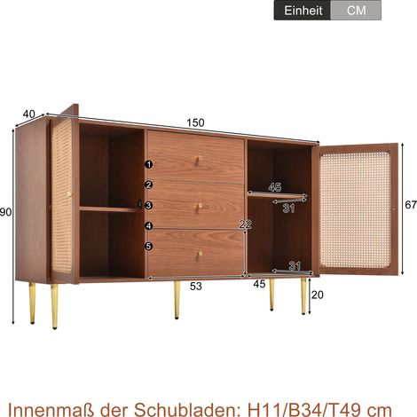 Commode en rotin noyer 90x150x40 cm, 2 portes 3 tiroirs, étagère ajustable, meuble de rangement salon chambre