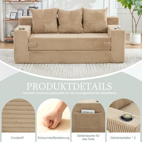 Dreier-Sofa aus Baumwoll- und Leinenstoff, mit Getränkehalter und seitlichen Taschen, kann in drei Sitzplätze umgewandelt werden, rahmenloser Design mit gestrickten Kissen und Rückenlehne, großes Sitz (1/5)