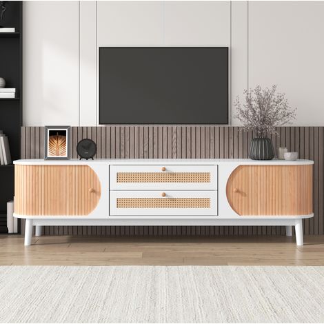 TV-Schrank 170x39.5x46 cm weiß in MDF mit Rattanoptik, Türen und Schubladen (1/5)