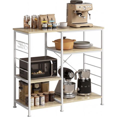 Étagère de cuisine en chêne avec tablettes en bois et métal et 5 crochets, gain de place, 90 x 39 x 83,5 cm (1/5)