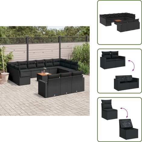 14-tlg. Garten-Sofagarnitur mit Kissen Schwarz Poly Rattan - Gartenmöbel Set - Esszimmergarnitur Outdoor - Lounge Möbel - Rattan Gartenset - Balkonmöbel (1/5)