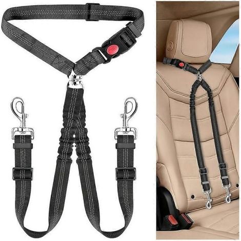 Ceinture de sécurité pour chien en voiture, harnais réglable avec élastique de retenue, attache de sécurité 2 en 1 pour chien. (1/5)