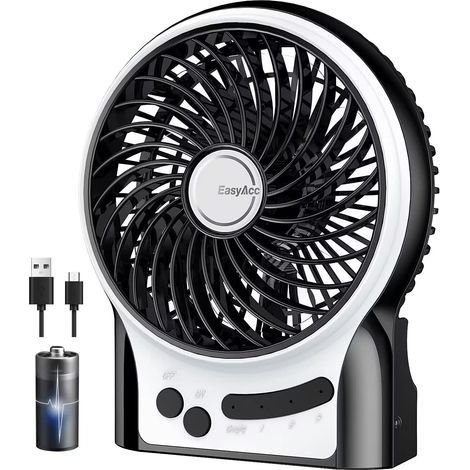 Ventilateur portable à piles, rechargeable, mini ventilateur USB personnel, 3 vitesses, éclairage interne et latéral, idéal pour les voyages. (1/5)