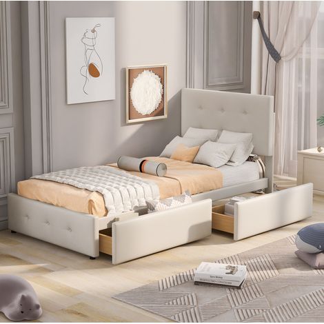 MEUBLIV Bett 90x200 cm Beige – mit Stauraum und Kopfteil, ohne Matratze (1/5)
