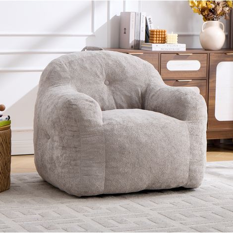 Poltrona pouf in faux fur, con schienale ergonomico, imbottitura in schiuma sminuzzata, grigio chiaro (1/5)