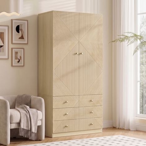 Armoire 200 cm, dressing 2 portes avec penderie et rangements multiples, meuble moderne pour chambre en MDF et acier, effet chêne naturel (1/5)