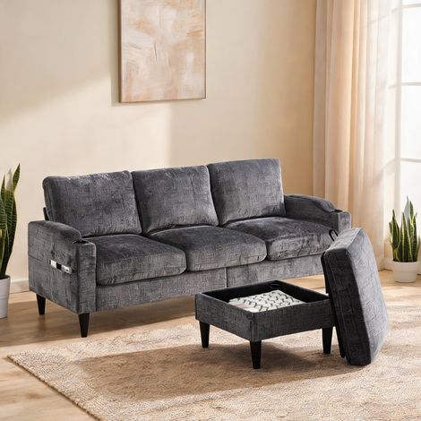 Canapé 4 places en tissu chenille gris avec pouf de rangement (1/5)