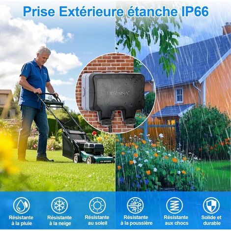 Prise Extérieure Étanche IP66 - Double Prise avec Interrupteur, Câble 3M & Couvercle Rabattable - Résistant aux Intempéries pour Jardin, Terrasse, Gris (1/5)