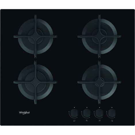 Whirlpool – Plaque de cuisson gaz 4 foyers 59 cm – Puissance 7800 W – Surface en verre – Brûleur mijotage 1000 W – GOB616NB