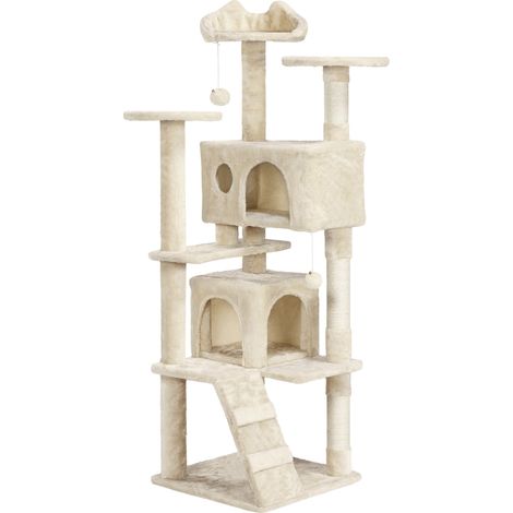 Homevive Árbol Rascador para Gatos con 2 Nichos y 3 Plataformas 2 Bolas Sisal Multinivel Altura 158cm Ideal para 3-4 Gatos Color Beige