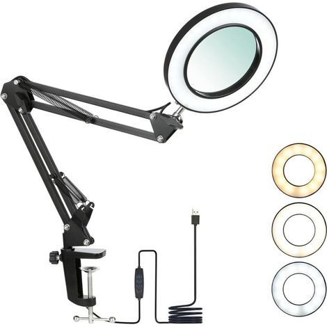 Lámpara de aumento LED con pinza, aumento de 8 dioptrías, lámpara de aumento iluminada de 3 colores, brazo giratorio, luz regulable para leer en una mesa o en un taller (8x). (1/4)