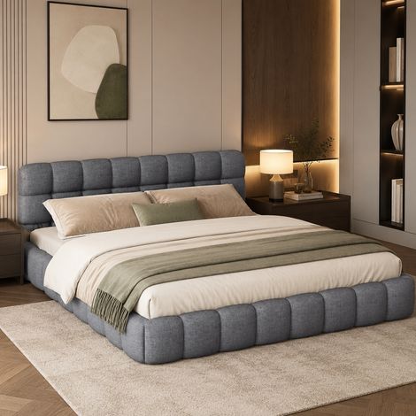 Lit Double Rembourré 140x190 cm, Lit Bubble avec Sommier à Lattes, Lit Capitonne avec Tête de Lits, Cadre de Lit pour Adulte Chambre à Coucher et Chambre d'amis, sans Matelas, Lin, Gris (1/5)