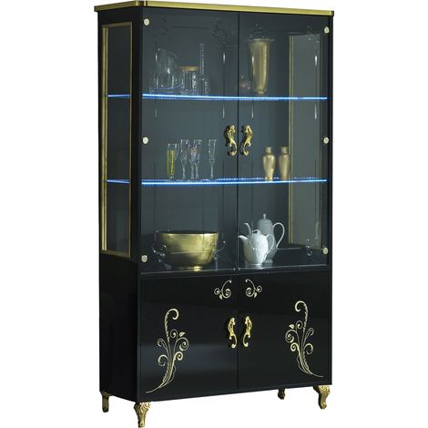 Vitrine à LED 4 portes bois vernis brillant noir et doré Jade 60cm (1/3)