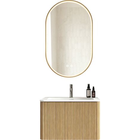 Conjunto de mueble de baño con espejo LED ovalado 50 x 80 cm, lavabo 60 cm, color roble (1/5)