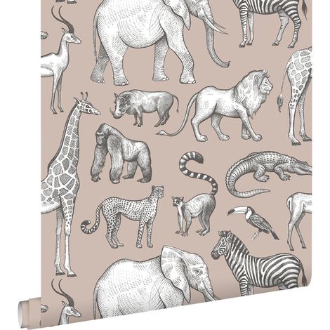 papier peint animaux de la jungle vieux rose et gris  - ESTAhome (1/5)