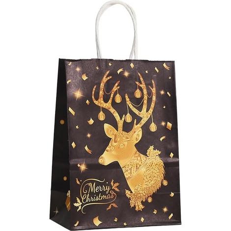 Set mit 12 wiederverwendbaren, schwarz-goldenen Weihnachtsgeschenktüten mit Henkeln zum Verpacken von Weihnachtsgeschenken, 21 x 15 x 7 cm (großes Rentier)