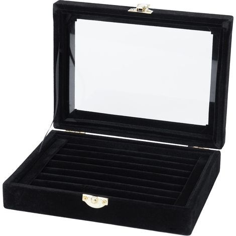 Boite de Rangement en Velours et Verre d'affichage pour Bague Boucle d'oreille Bijoux Porte-Plateau Boitier de Rangement, Noir (1/5)