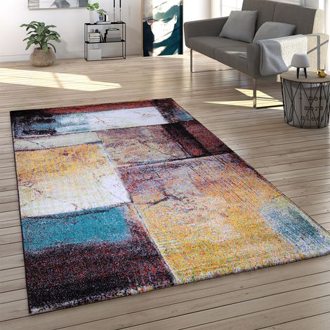 Paco Home Teppich Wohnzimmer Kurzflor Vintage Geometrisches Muster Abstrakt Rot Creme Blau 80x150 cm