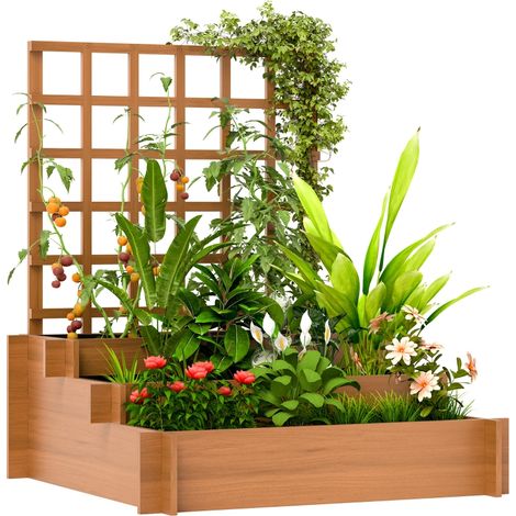 Bac à planter surélevé en bois de sapin marron à 3 niveaux avec aide aux plantes grimpantes et feutre de protection, dimensions 95 × 95 × 110 cm