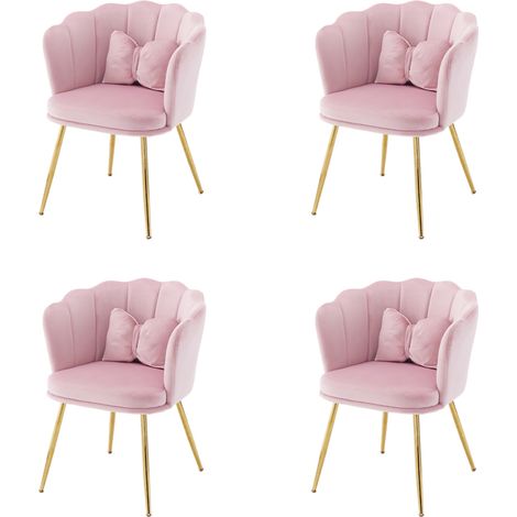 Set di 4 sedie imbottite in velluto rosa con gambe metalliche dorate e schienale a petalo (1/5)