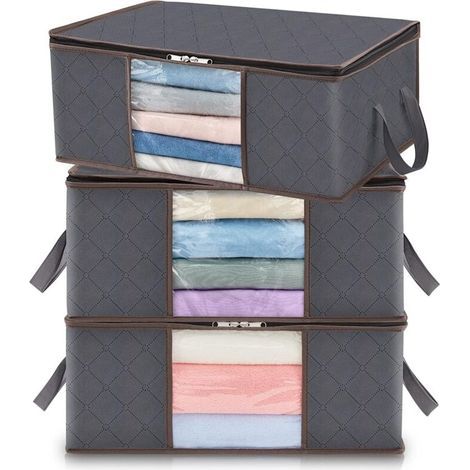 Sac de rangement pliable 35L – Dimensions 50x35x20cm – Tissu non tissé avec fenêtres transparentes – Lot de 3 pour vêtements et jouets (1/5)