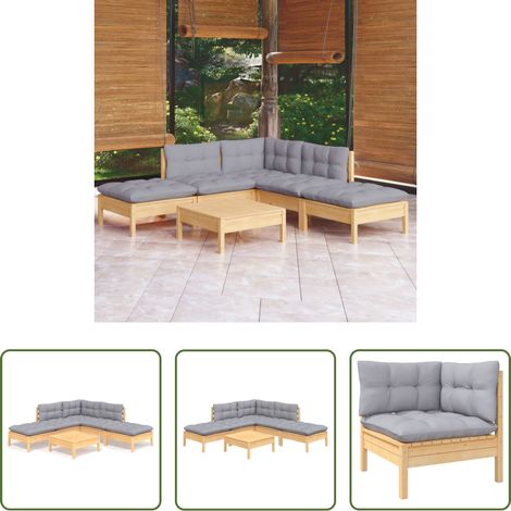 Holzgartenmöbel - 6-tlg. Garten-Lounge-Set mit Grauen Kissen Kiefernholz (1/5)