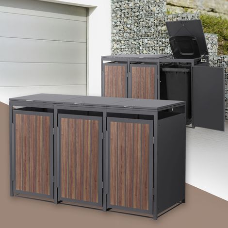 ML-Design 3x Cobertizos para Ocultar Cubos de Basura 240L Roble Antracita Oscuro 196x80x120cm Acero Caseta para Jardín Contenedor Exterior Caja con Tapa Abatible y Puerta Resistente a la Intemperie (1/5)