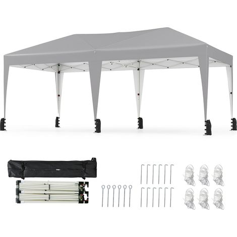 Tente Pliante 6 x 3M, Tonnelle Pop-up Portable d'Extérieur avec Sac à Roulettes, 12 Piquets, 6 Cordes Coupe-Vent, 6 Sacs de Sable, pour Camping, Gris (1/5)