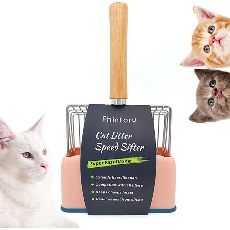 Cat Litter Scoop Metal Cat Litter Scoop with Stand, Metal Cat Scoop 7 mm, Litter Scoop with Wooden Handle for Cleaning Pets, Dogs (Pink) (1/5)