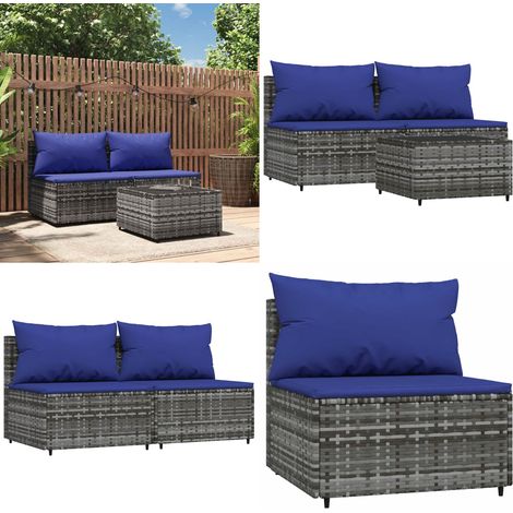Salon de jardin 3 pcs avec coussins Gris Résine tressée - Canapé De Jardin - Mobilier De Jardin - Salon De Jardin - Set De Jardin - Table Basse - Home & Living (1/5)